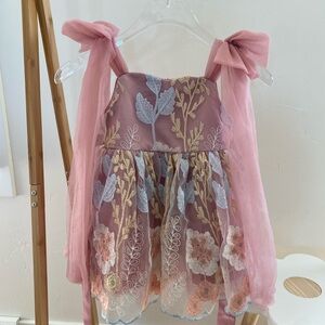 Baby Girl Pink Floral Embroidered Fit & Flare Bow Lace Tulle Dress 9-12M